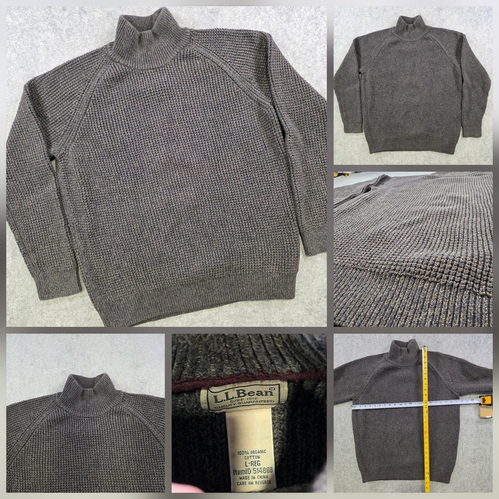 L.L. Bean Sweater Mens Large Gray Organic Cotton Waffle Knit Mock Neck Pullover